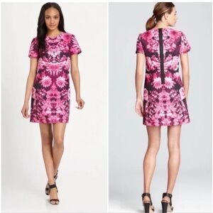 Michael Kors Floral Mini Dress Short Sleeves Pink Black White Back Zip Sz 10